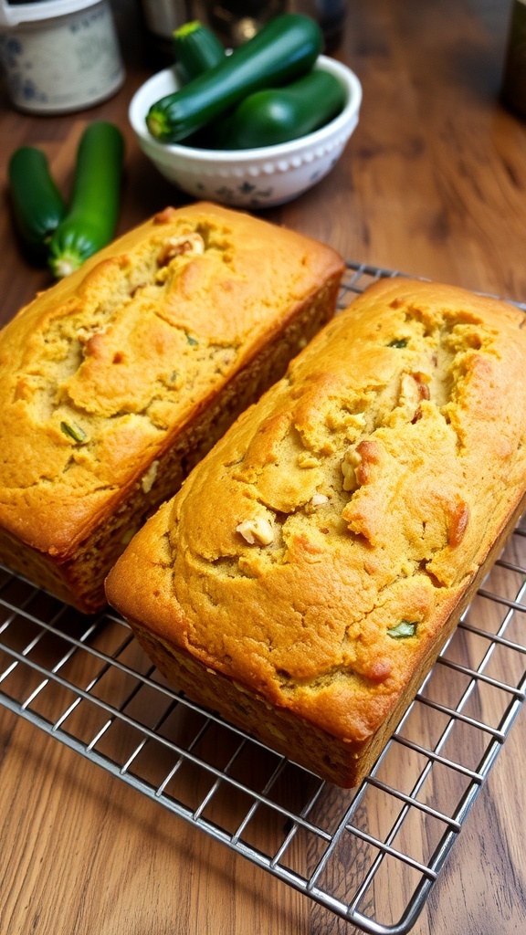 Two loaves of zucchini bread cooling on a rack, one slice cut to show the moist texture.